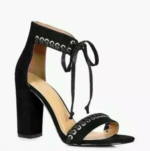 Boohoo Neve Whipstitch Detail Ankle Wrap Black Vegan Suede Heel Sz 6 US; $53